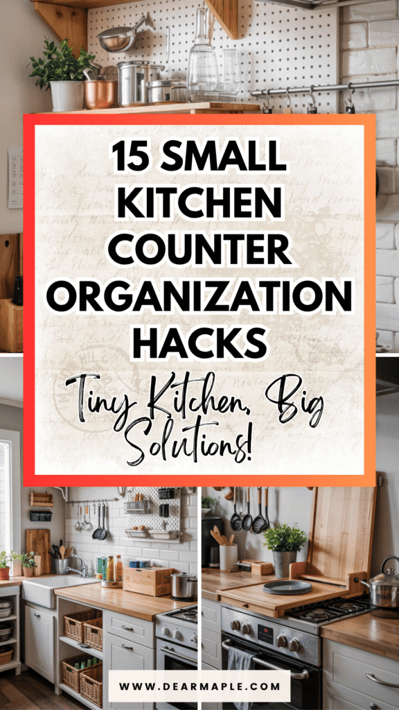 Pinterest pin of small kitchen counter organization