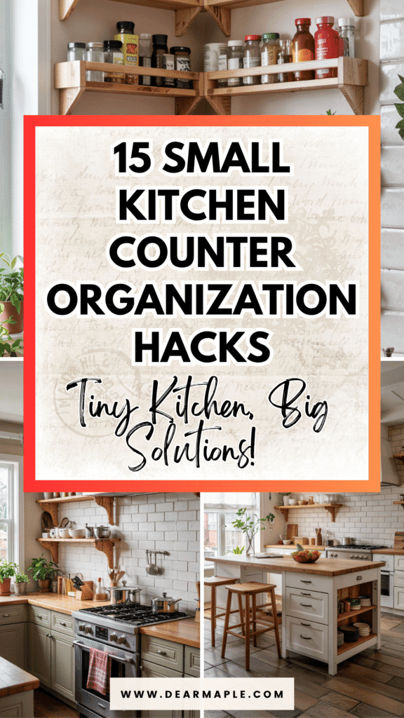 Pinterest pin of small kitchen counter organization