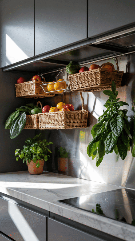 Small kitchen counter organization using under-cabinet hanging baskets for fruits and vegetables.
