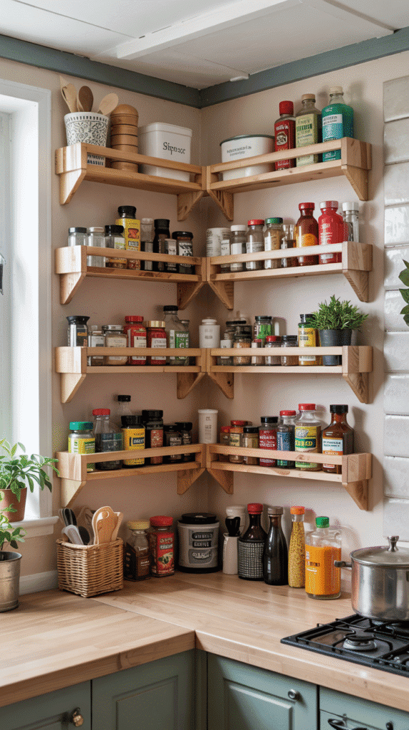 Small kitchen counter organization using corner shelves for efficient storage of spices and small bottles