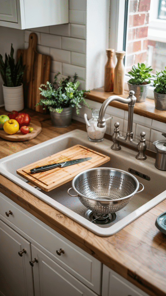 Small kitchen counter organization with over-the-sink cutting board and colander for maximized prep space