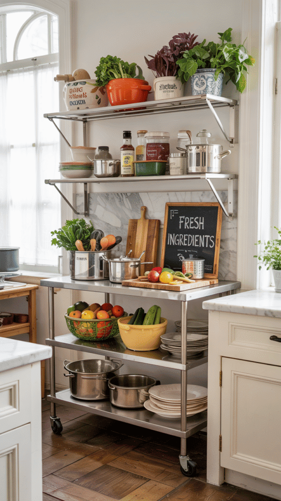 Small kitchen counter organization featuring a rolling cart for mobile storage and prep space