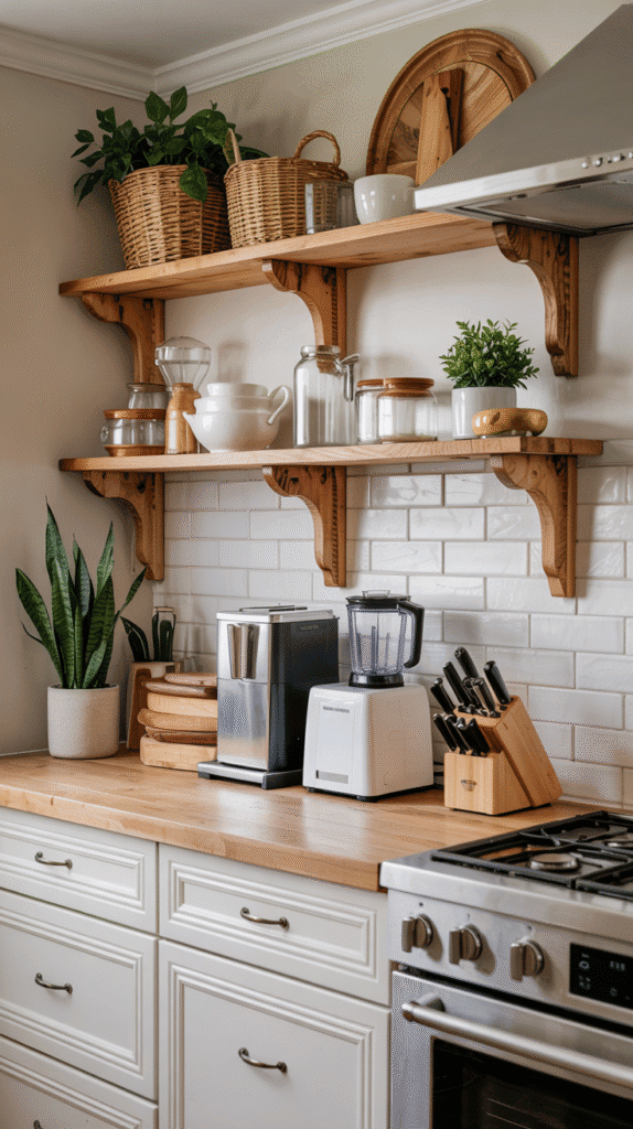Small kitchen counter organization with appliance garages for hiding and organizing small appliances