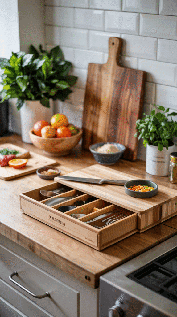 Small kitchen counter organization using a smart cutting board with storage compartments