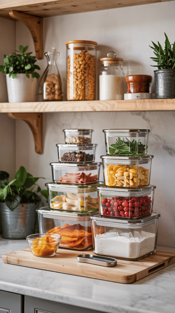 Small kitchen counter organization using stackable containers for efficient food storage