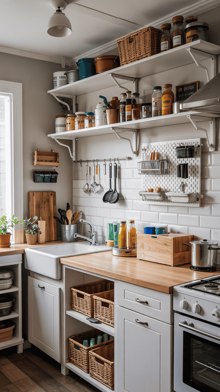 Small kitchen counter organization featuring magnetic strips, pegboards, and under-cabinet baskets for a clutter-free kitchen.