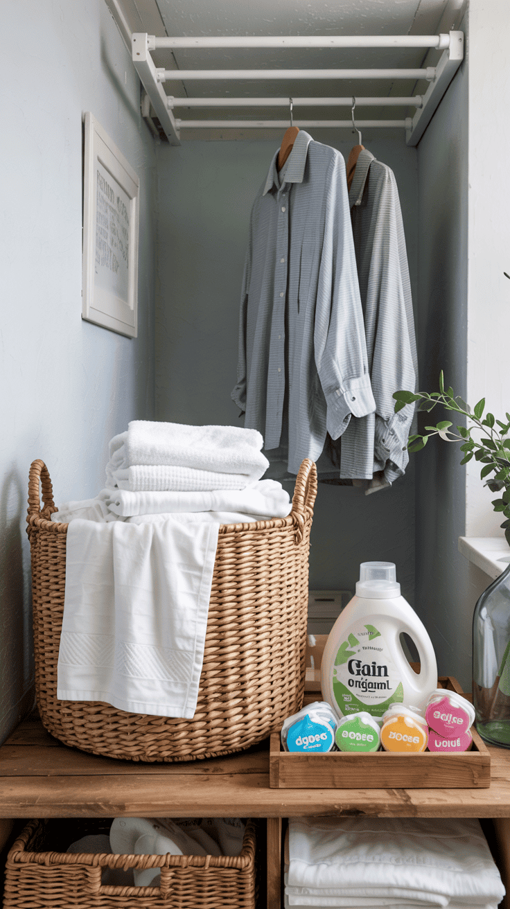 Featured image of small laundry room organization.