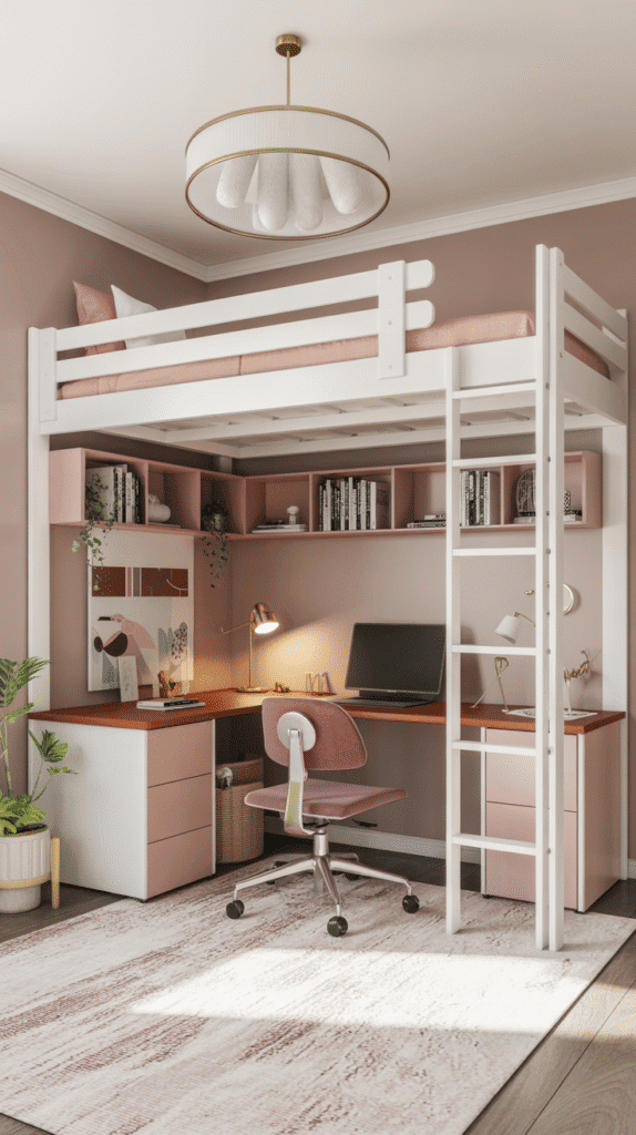 Teen girl bedroom ideas small room with loft bed and study nook underneath for space-saving