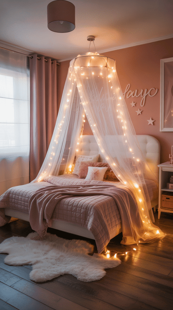 Fairy light canopy teen girl bedroom ideas small room creating magical ambiance without four-poster bed