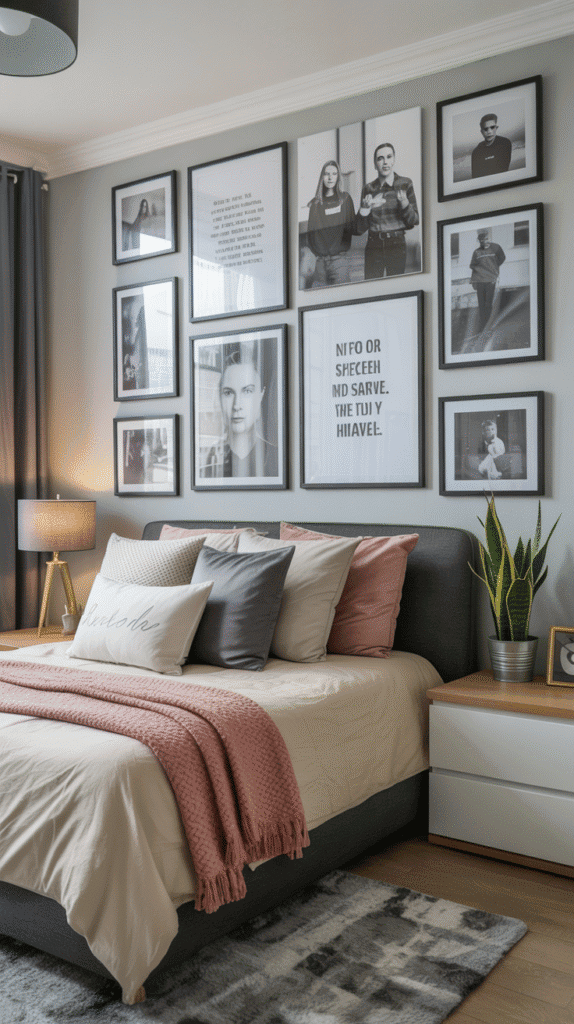 Gallery wall display teen girl bedroom ideas small room with personal photos and inspirational art