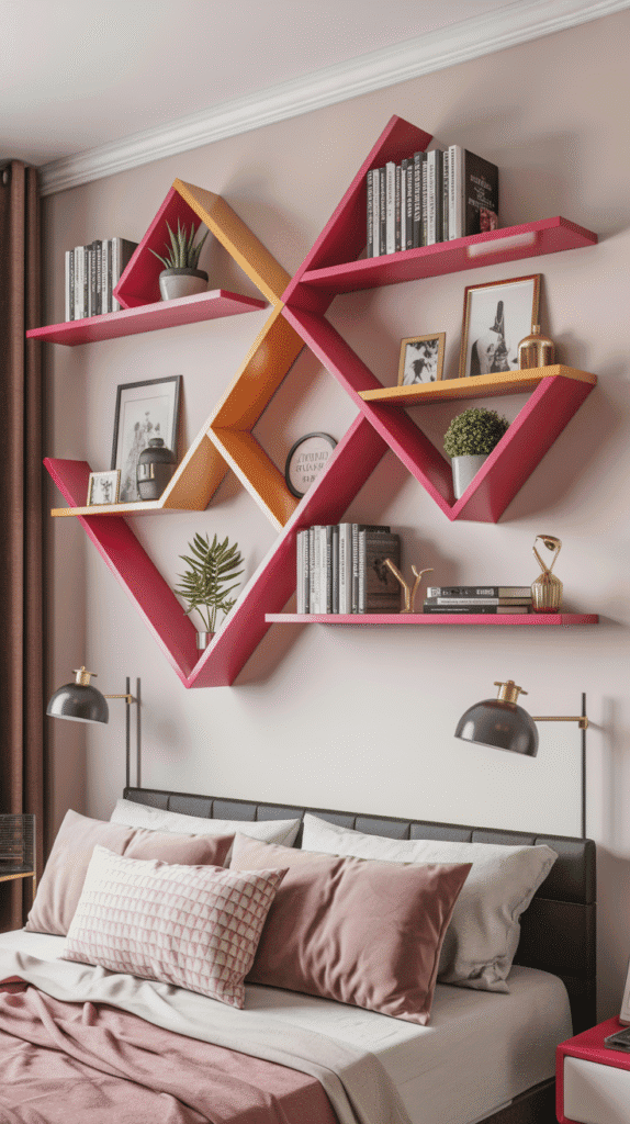 Creative floating shelves teen girl bedroom ideas small room with geometric wall storage