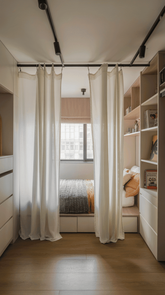 Ceiling-mounted curtain divider teen girl bedroom ideas small room for creating separate zones