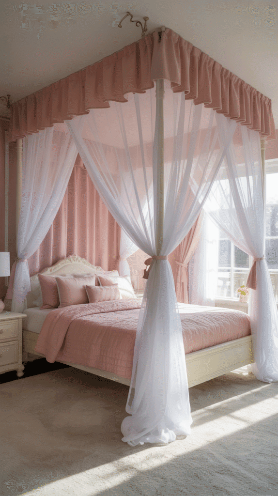 Romantic blush pink canopy bed with flowing curtains - teen girl pink bedroom ideas for creating a dreamy princess sanctuary with DIY installation