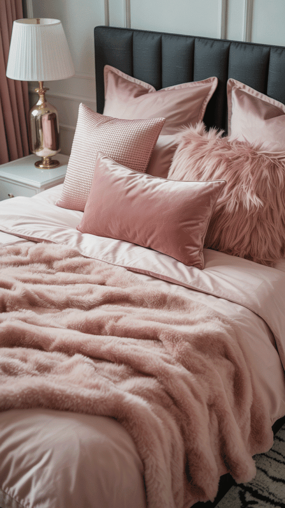 Luxurious pink velvet pillows and blankets - teen girl pink bedroom ideas for ultimate comfort and textural elegance with boutique hotel vibes