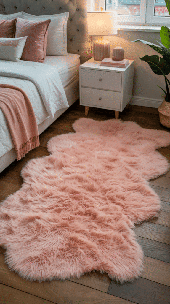Plush salmon pink shag rug flooring - teen girl pink bedroom ideas for cozy barefoot comfort and textural warmth with cloud-like luxury