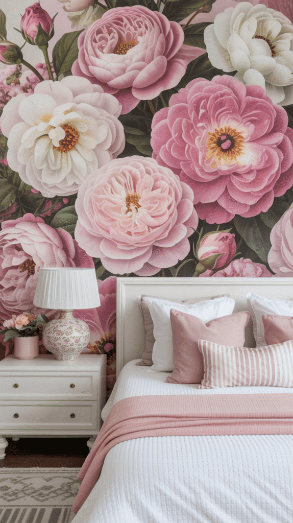 Romantic pink floral wallpaper accent wall - teen girl pink bedroom ideas for feminine garden-inspired botanical charm with large bloom patterns