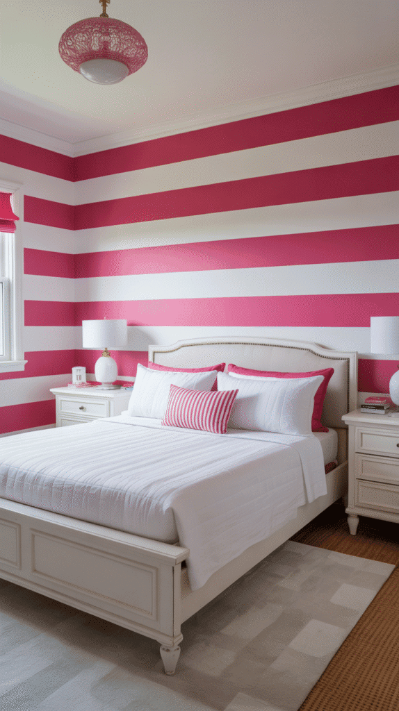 Preppy pink and white striped feature wall - teen girl pink bedroom ideas for nautical yacht club inspired design with optical illusion effects