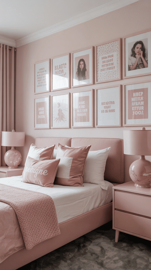 Curated millennial pink gallery wall display - teen girl pink bedroom ideas for personalized artistic wall decoration with coordinated frame styling