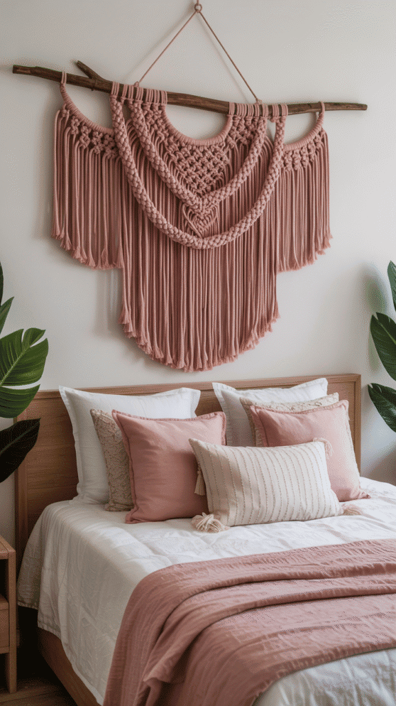 Boho pink macramé wall hanging artwork - teen girl pink bedroom ideas for textural bohemian-inspired artistic decoration with handcrafted appeal