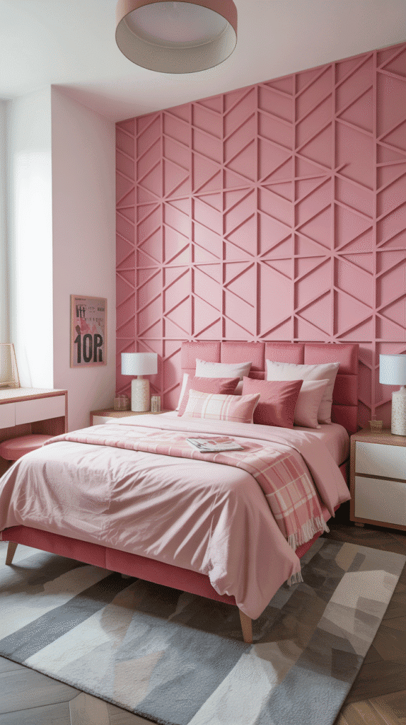 Modern pink geometric peel-and-stick wallpaper - teen girl pink bedroom ideas for trendy removable contemporary patterns without permanent commitment