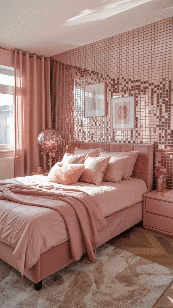 Glamorous pink mirror tiles feature wall - teen girl pink bedroom ideas for light reflection and space enhancement with Instagram-worthy sparkle effects