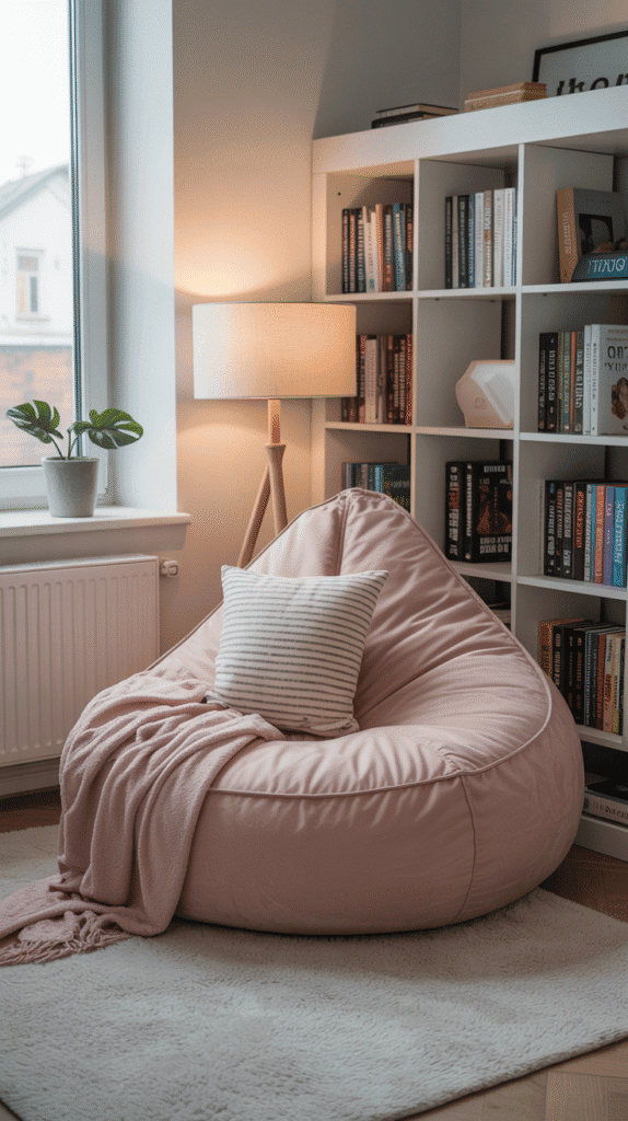 Cozy blush pink bean bag reading nook - teen girl pink bedroom ideas for comfortable relaxation and study corner spaces with designated chill zone