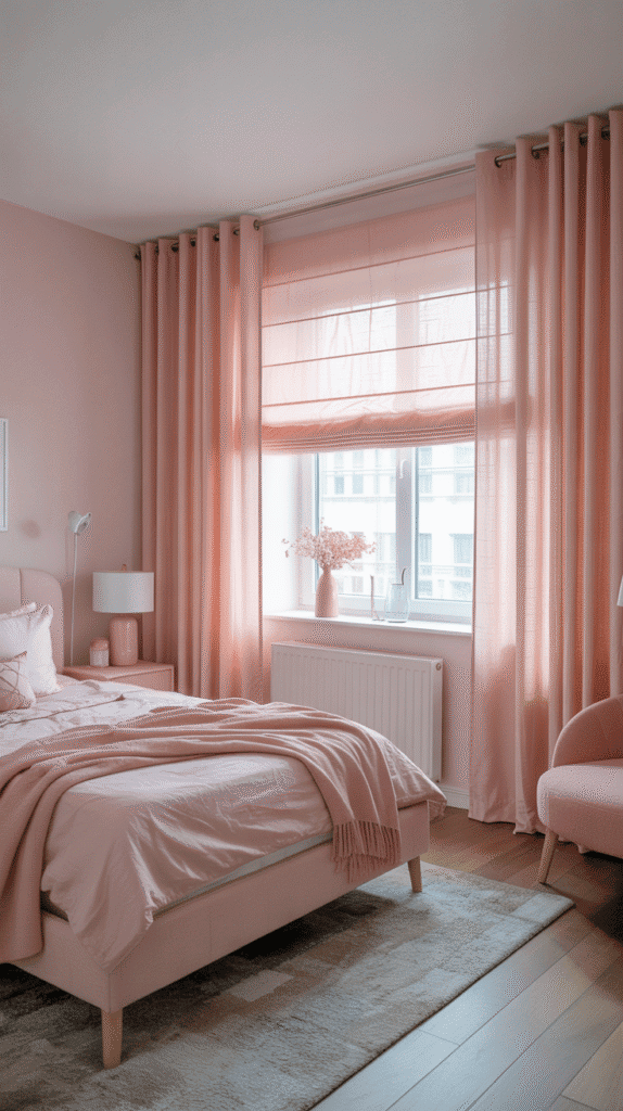 Elegant pale pink window curtains and treatments - teen girl pink bedroom ideas for soft natural light filtering and privacy with customizable opacity