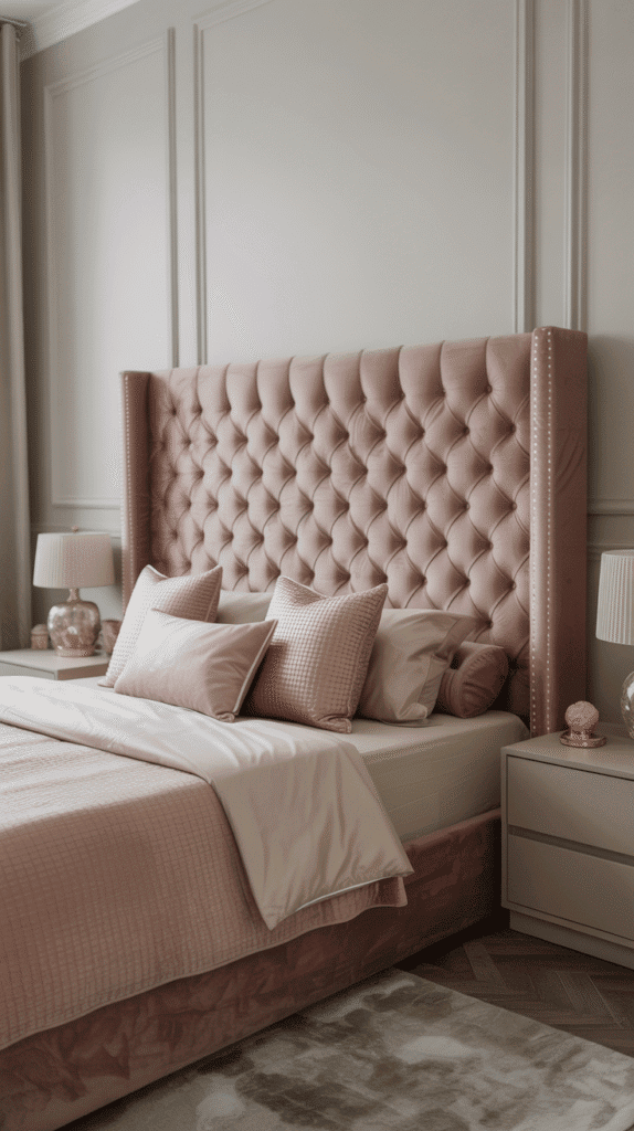 Elegant dusty rose velvet tufted headboard - teen girl pink bedroom ideas for sophisticated luxury and comfortable style with grown-up elegance