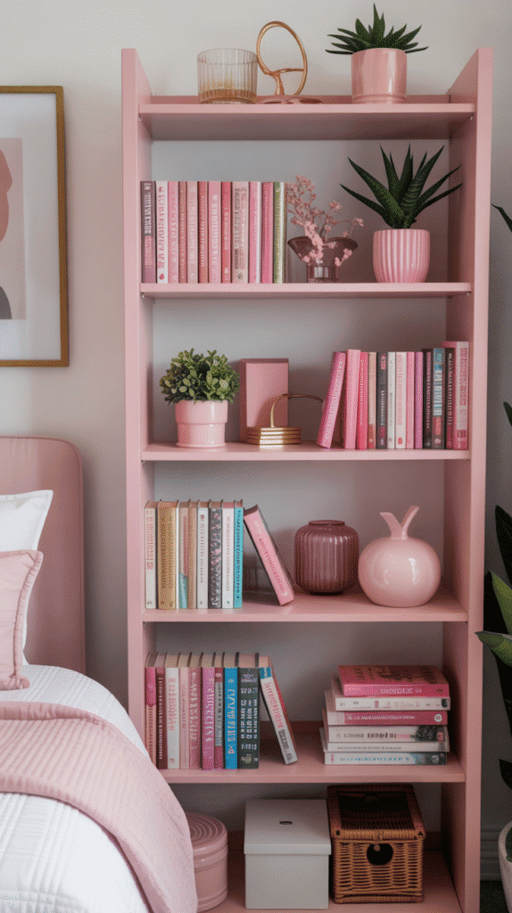 Stylish pink and gold bookshelf organization - teen girl pink bedroom ideas for coordinated functional decorative storage displays with curated styling