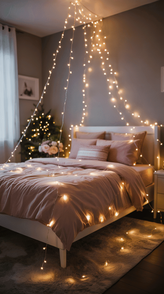 Magical pink fairy light canopy installation - teen girl pink bedroom ideas for creating enchanting starry night ambiance on a budget