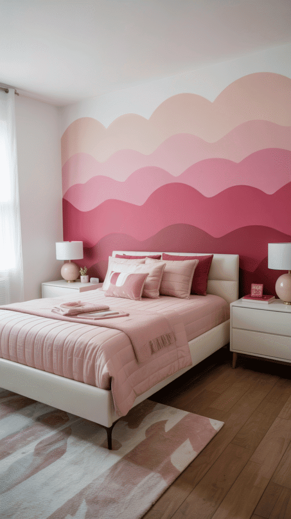 Beautiful pink ombré accent wall gradient - teen girl pink bedroom ideas for modern artistic focal points with professional painting technique