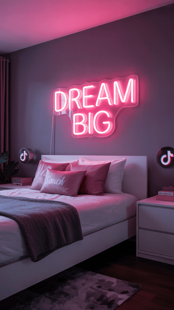 Bold hot pink neon sign statement piece - teen girl pink bedroom ideas for trendy modern Instagram-worthy room decor with LED lighting
