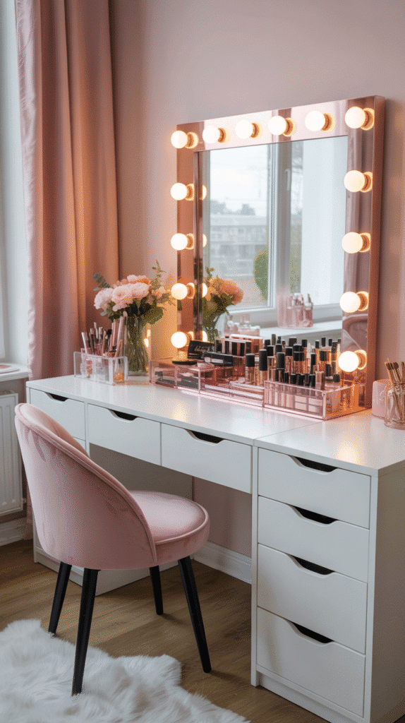 Glamorous rose gold and pink vanity station - teen girl pink bedroom ideas for the perfect getting-ready and makeup area with Hollywood lighting