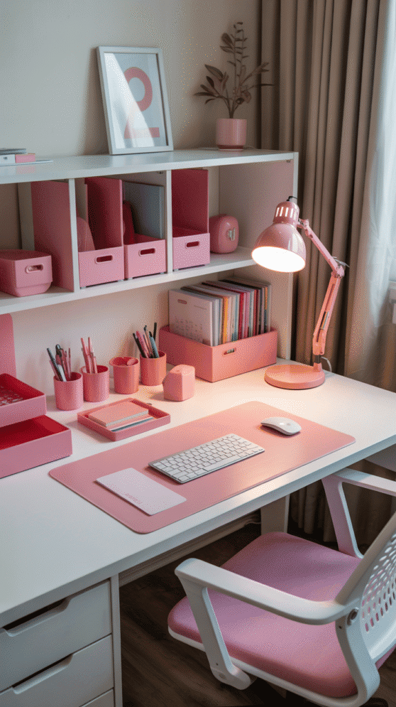 Coordinated pink desk accessories organization - teen girl pink bedroom ideas for stylish functional study and workspace areas with matching accessories
