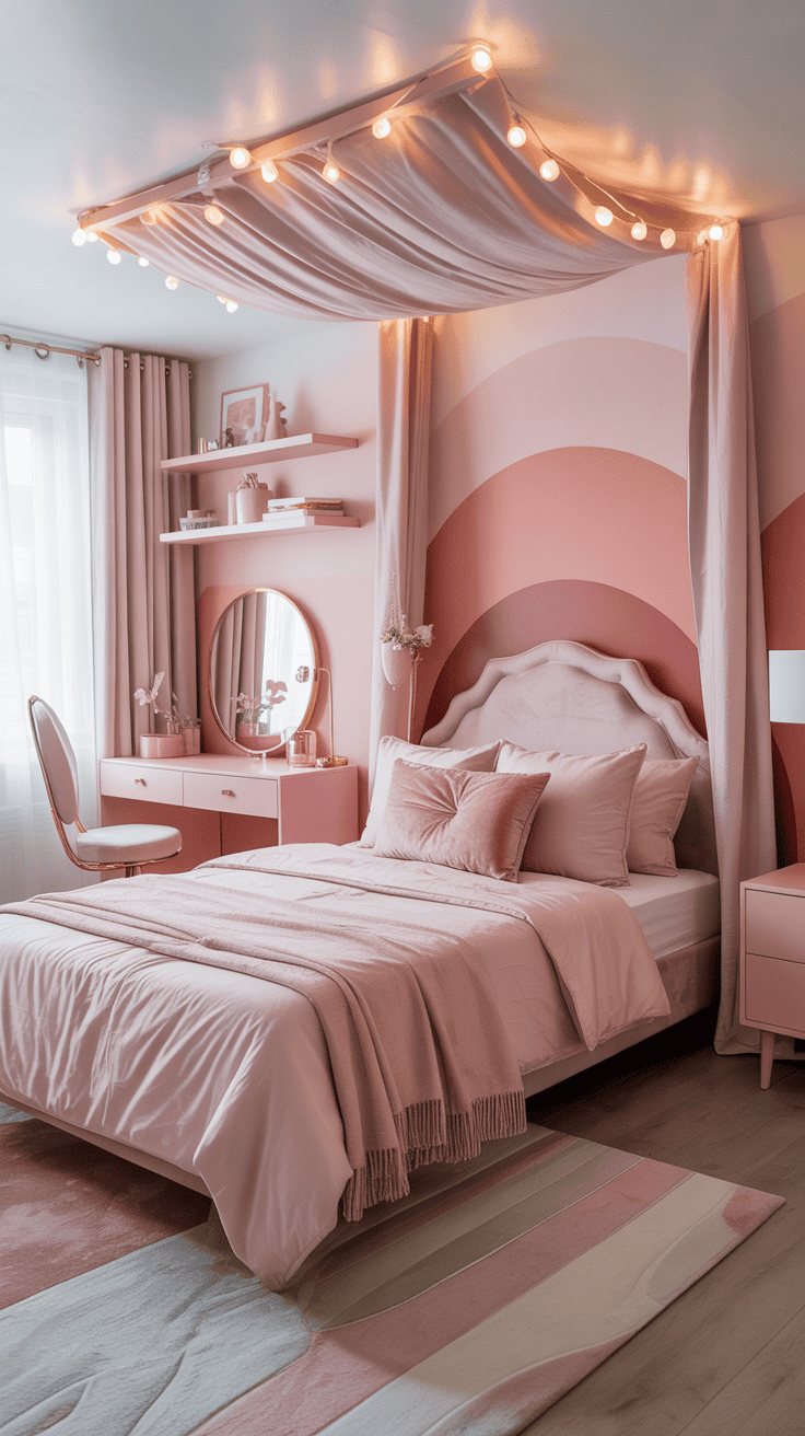 Stunning compilation of teen girl pink bedroom ideas featuring canopy bed, fairy lights, rose gold accents and modern pink decor elements