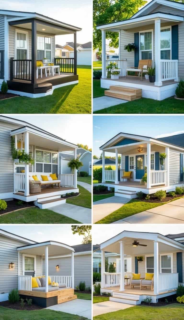 A group of small manufactured home porches with compact seating, plants, and decorative elements designed to maximize space.