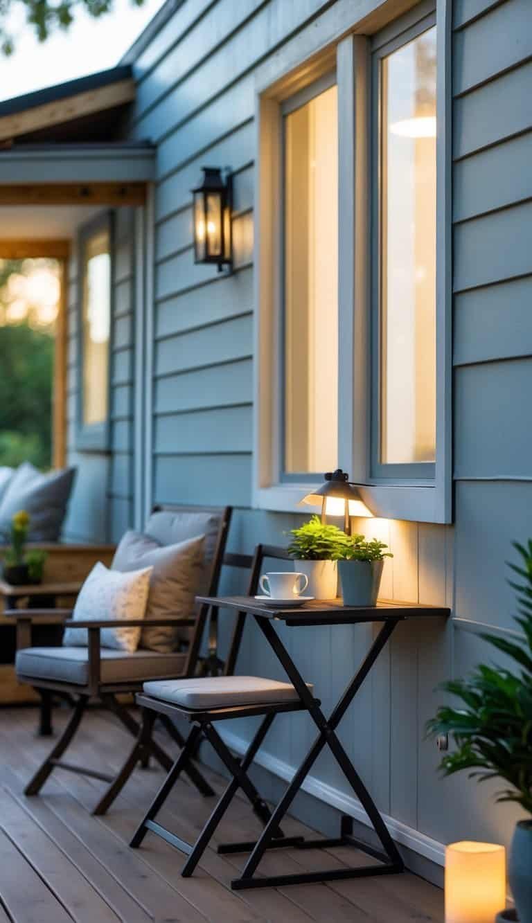 A small fold-down bistro table on a tiny manufactured home porch with two chairs and potted plants.