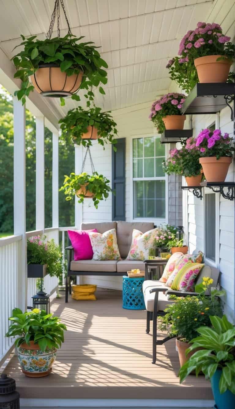 Small porch of a manufactured home with hanging planters, potted plants, and cozy seating arranged to maximize space.