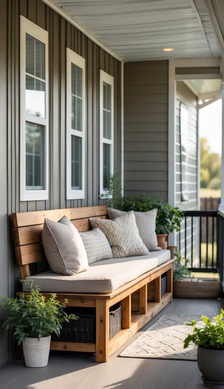 A small porch of a manufactured home with a built-in wooden bench that has storage underneath, decorated with cushions and plants.