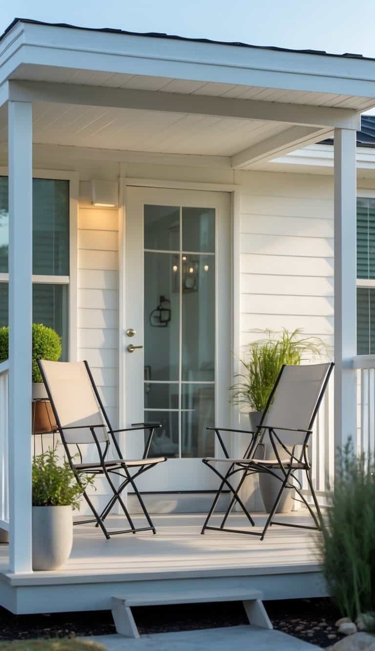 Small manufactured home porch with slim folding chairs arranged to save space and potted plants around.
