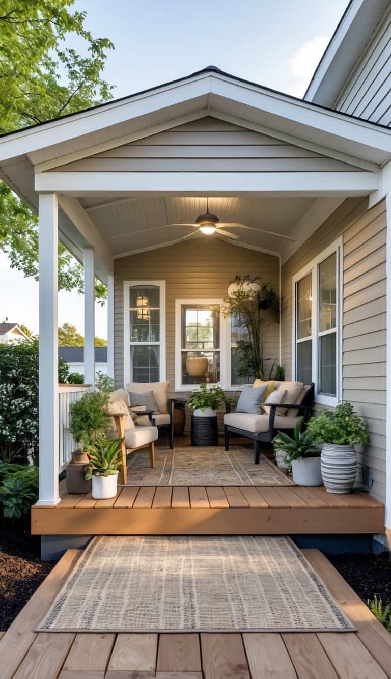 A small manufactured home porch with an outdoor rug hiding mud, compact furniture, potted plants, and greenery around.