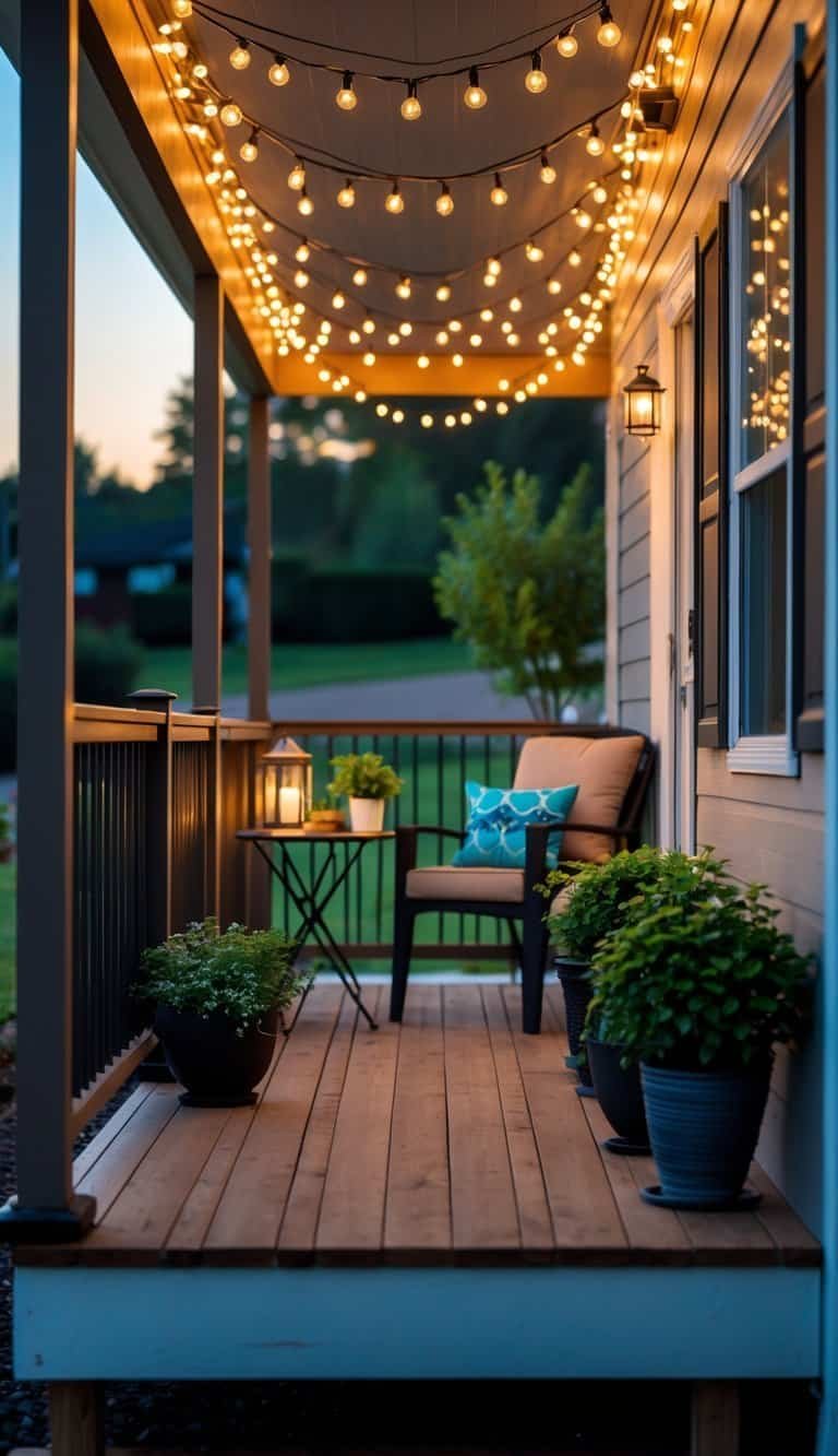 A small manufactured home porch at dusk with warm string lights, compact furniture, and potted plants creating a cozy and inviting outdoor space.