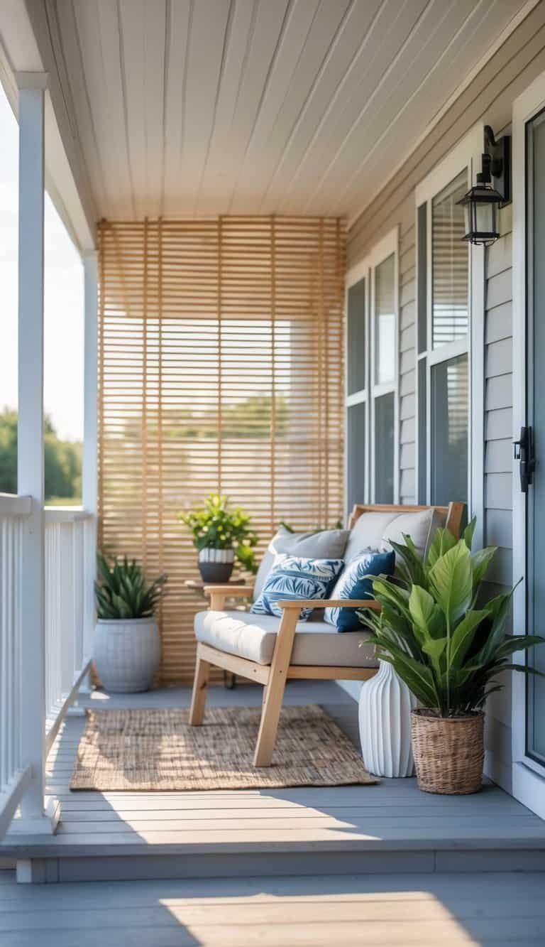 A small manufactured home porch with a wooden privacy screen, cozy seating, and potted plants creating a private and inviting outdoor space.
