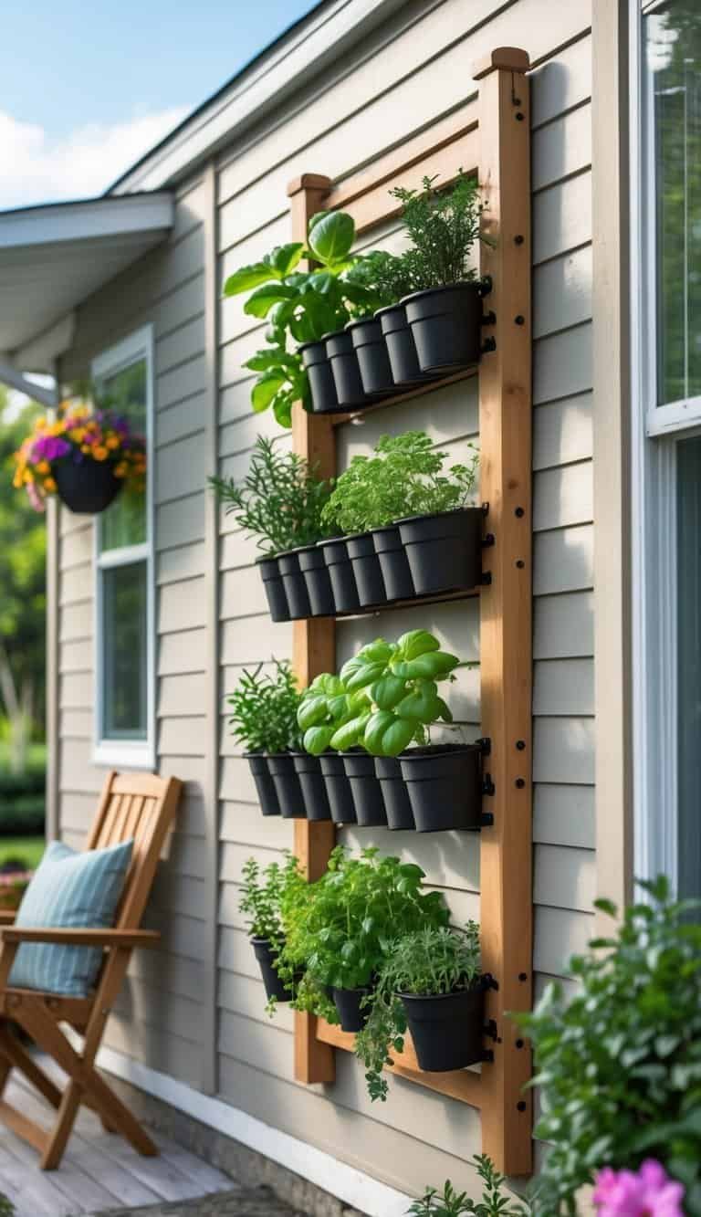 A small porch of a manufactured home with a wall-mounted herb garden and space-saving furniture.