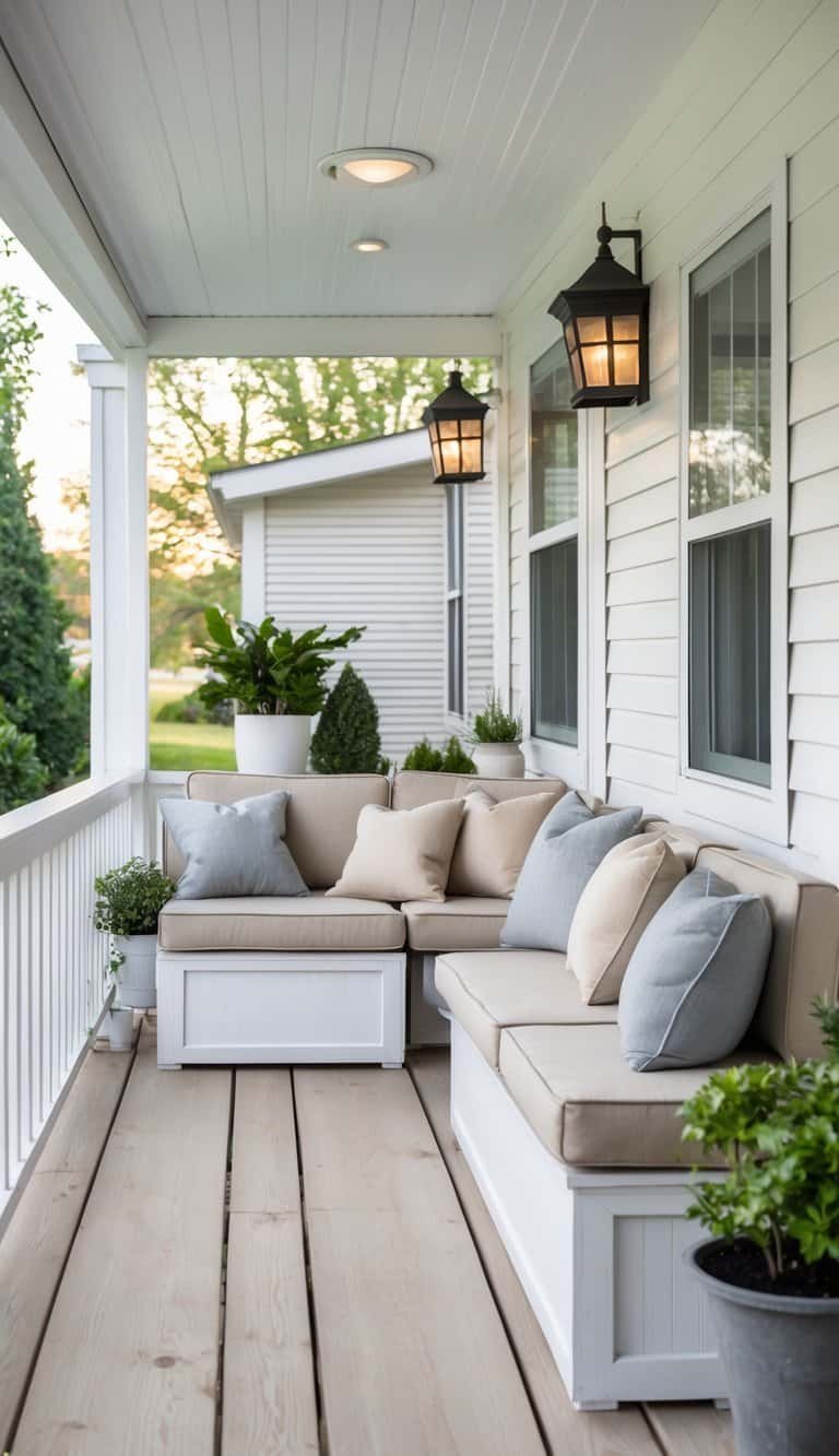 Small manufactured home porch with weatherproof cushions on compact seating and space-saving furniture surrounded by potted plants.