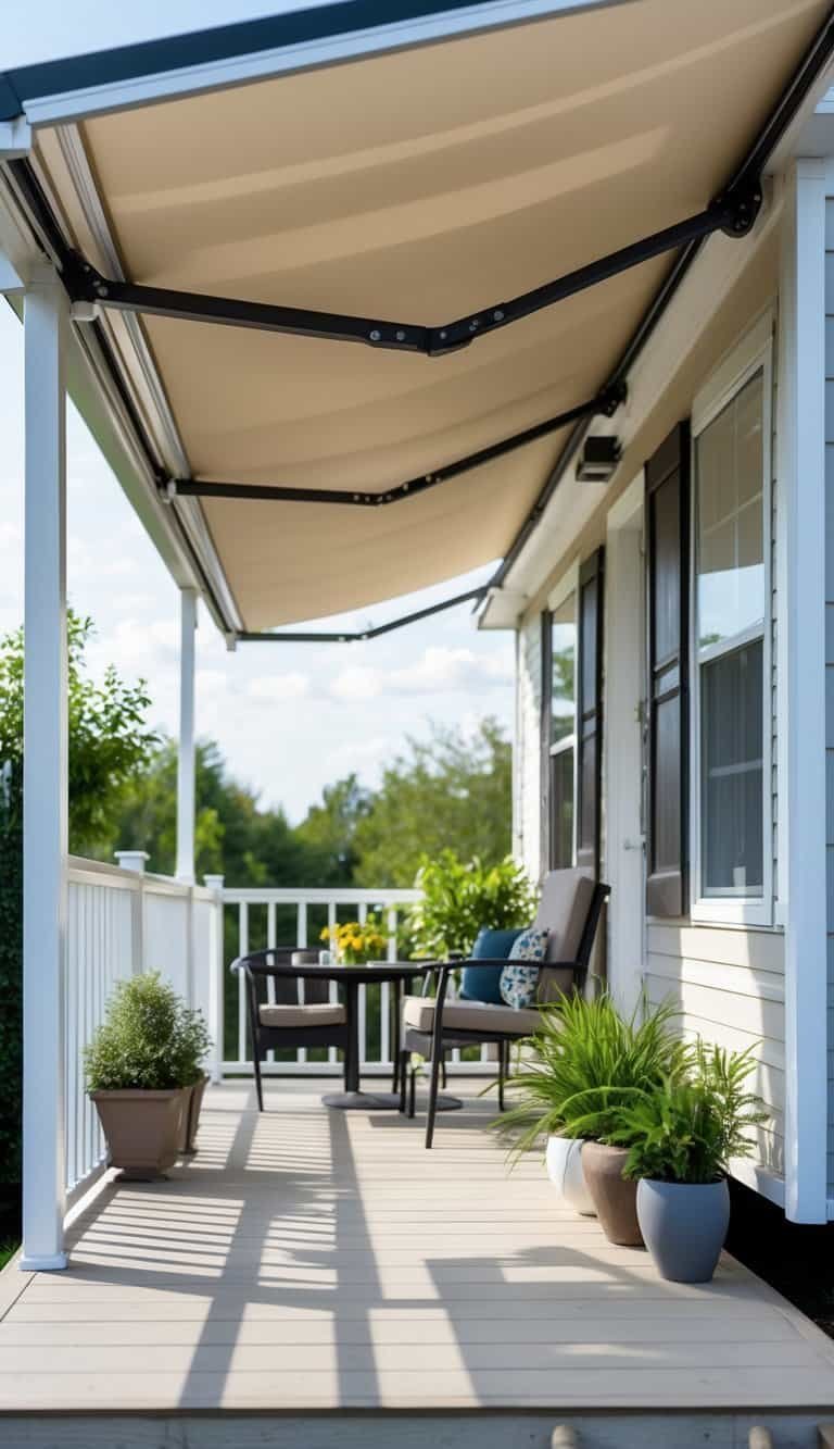 Small manufactured home porch with a retractable awning providing shade over outdoor furniture and plants.
