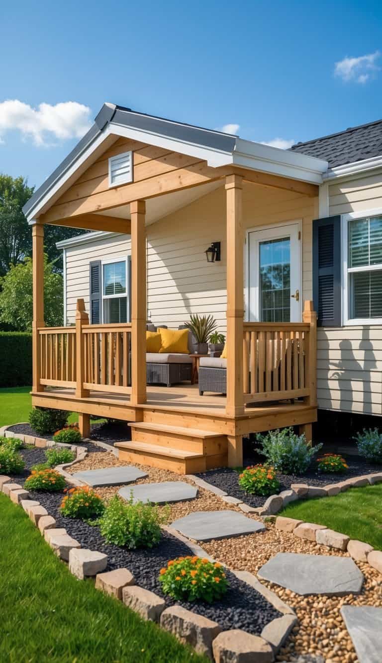 A mobile home with a wooden porch, outdoor seating, and colorful landscaping including flowers and shrubs on a sunny day.