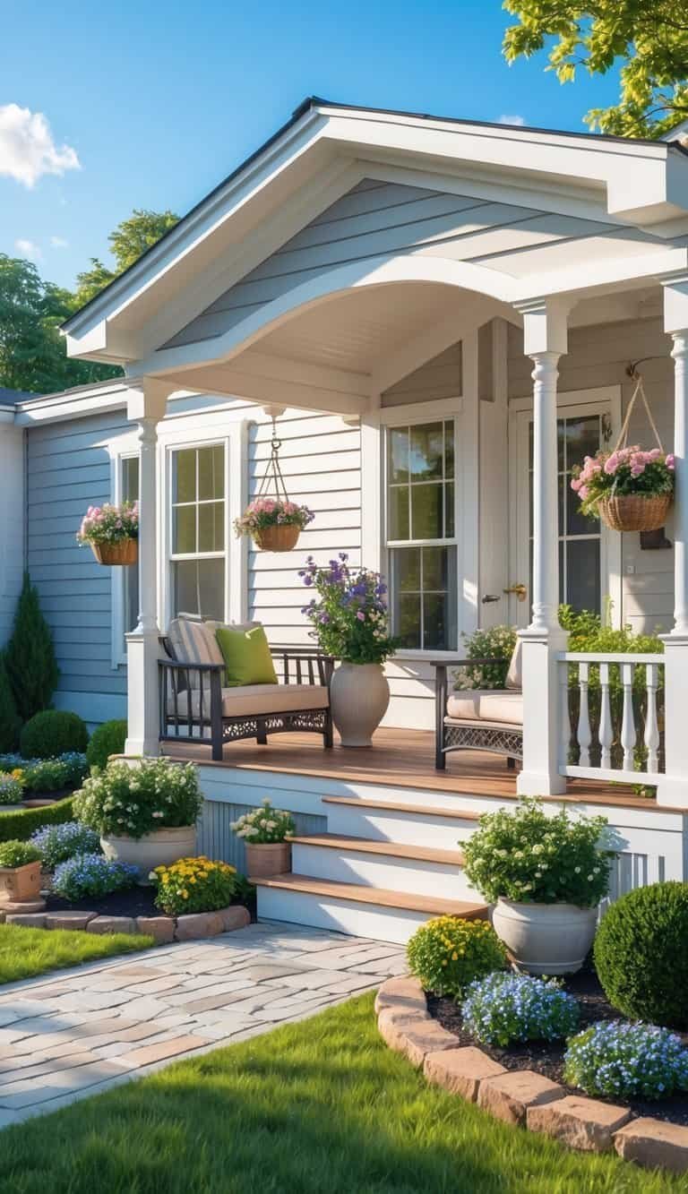 A mobile home with a spacious porch, surrounded by green grass, colorful flowers, and shrubs under a clear blue sky.