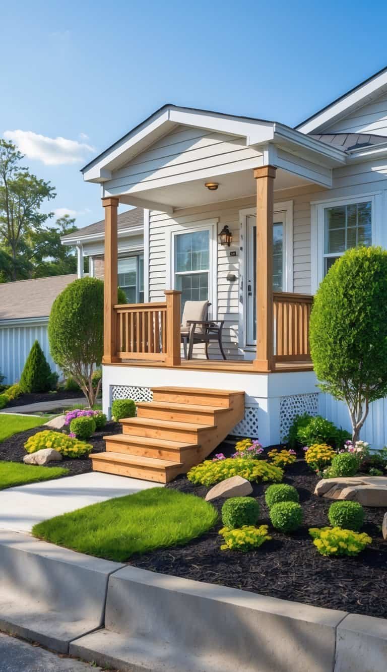 A mobile home with a wooden porch surrounded by green shrubs and flowering plants under a clear blue sky.