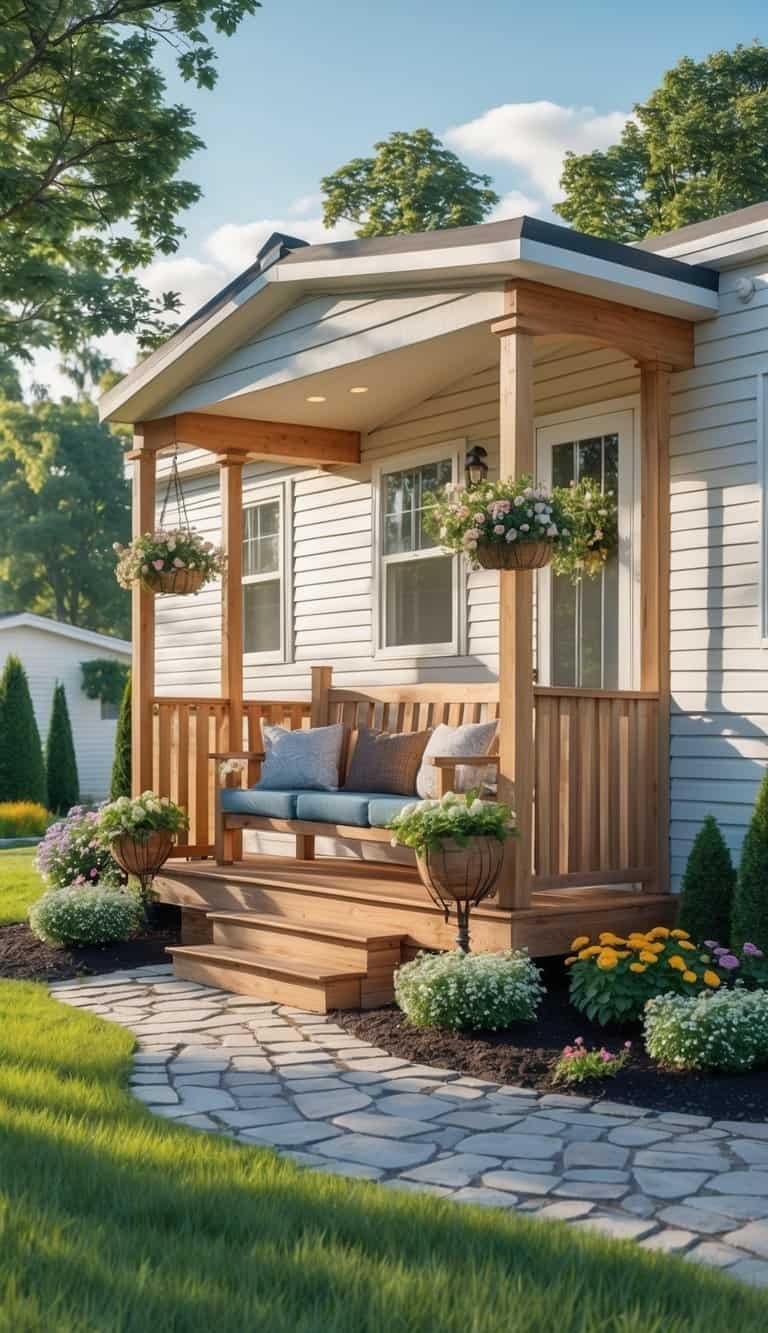A mobile home with a wooden porch, seating area, and colorful landscaping including flowers, shrubs, and a stone pathway.